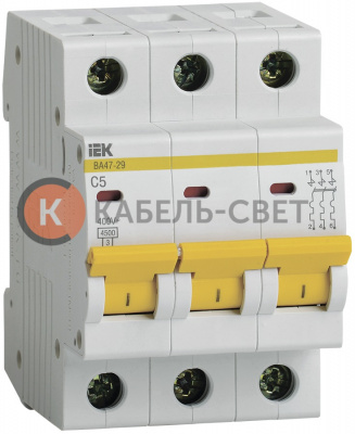 ВА47-29 Автоматический выключатель IEK "C" 3 полюсный, номинальный ток 5А, ток срабатывания 4,5 кА