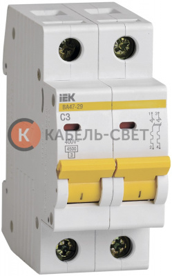 ВА47-29 Автоматический выключатель IEK "C" 2 полюсный, номинальный ток 3А, ток срабатывания 4,5 кА