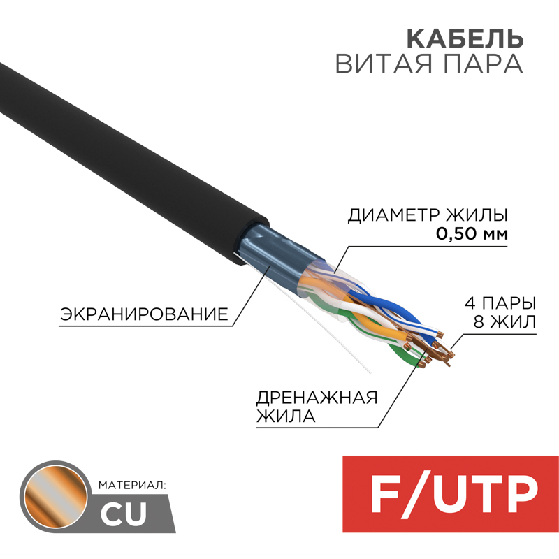 Кабель витая пара F/UTP, CAT 5e, PE, 4PR, 24AWG, OUTDOOR, SOLID, черный, 305м (барабан), REXANT
